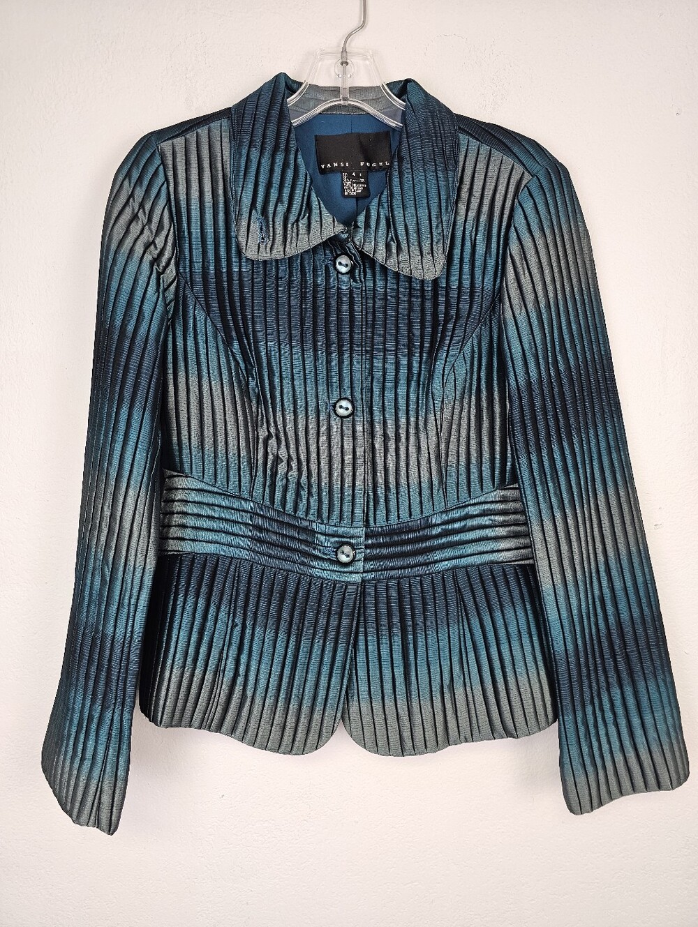 YANSI FUGEL Peacock Blue/Gray Ombre Lined Textured Waisted Dress Jacket (4)